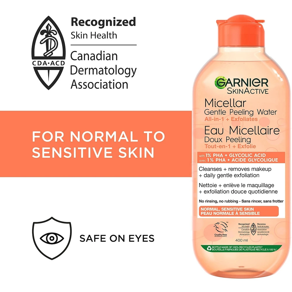 SkinActive Micellar Gentle Peeling Water with 1% PHA + Glycolic Acid + Papaya Extract, Cleanses & Gently Exfoliates Skin, for Normal to Sensitive Skin - 400ml