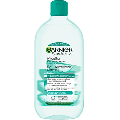 Micellar Cleansing Water, All-In One hydrating and Replumping Remover + Face Cleanser with Hyaluronic Acid & Aloe, hypoallergenic, normal to Sensitive Skin
