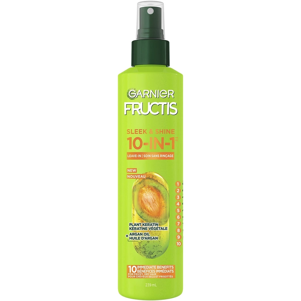 Fructis Sleek & Shine, 10-In-1 Repairing Leave-In Spray For Frizzy & Dry Hair with Heat Protection, With Argan Oil and Plant Keratin