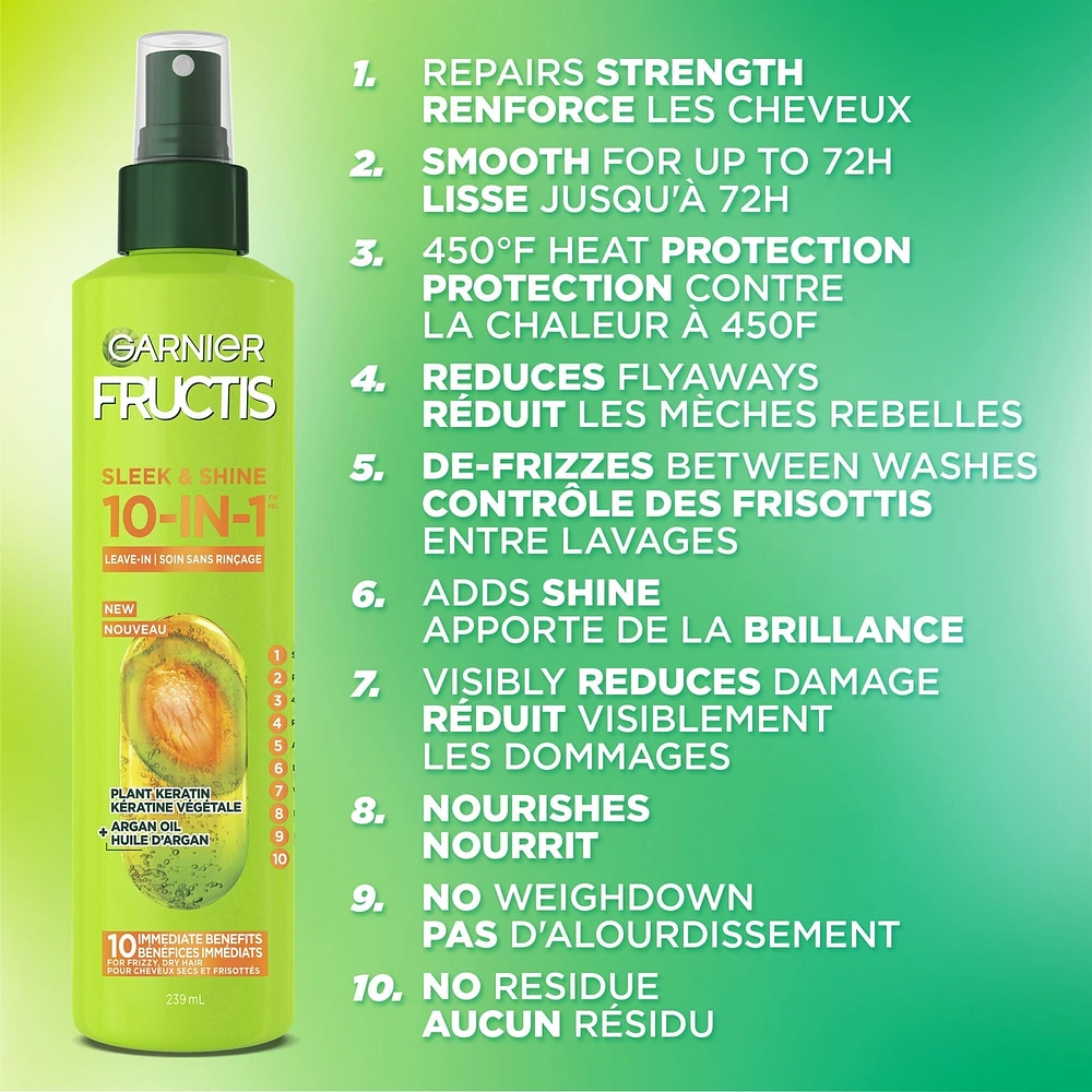 Fructis Sleek & Shine, 10-In-1 Repairing Leave-In Spray For Frizzy & Dry Hair with Heat Protection, With Argan Oil and Plant Keratin