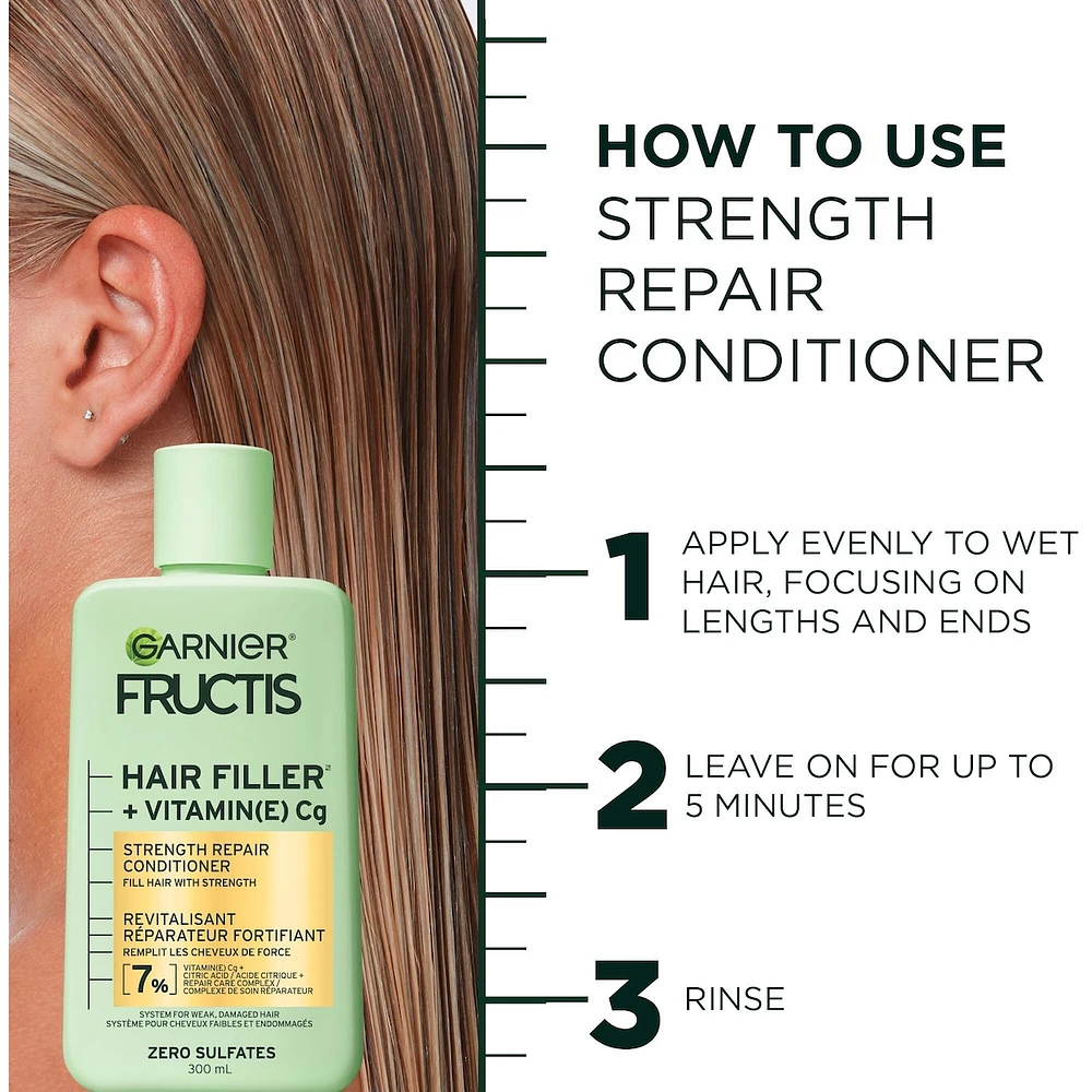 Fructis Hair Filler + Vitamin C Strength Repair Sulfate-Free Conditioner, for Weak Damaged Hair, up to 4X Less Breakage & 79% More Strength