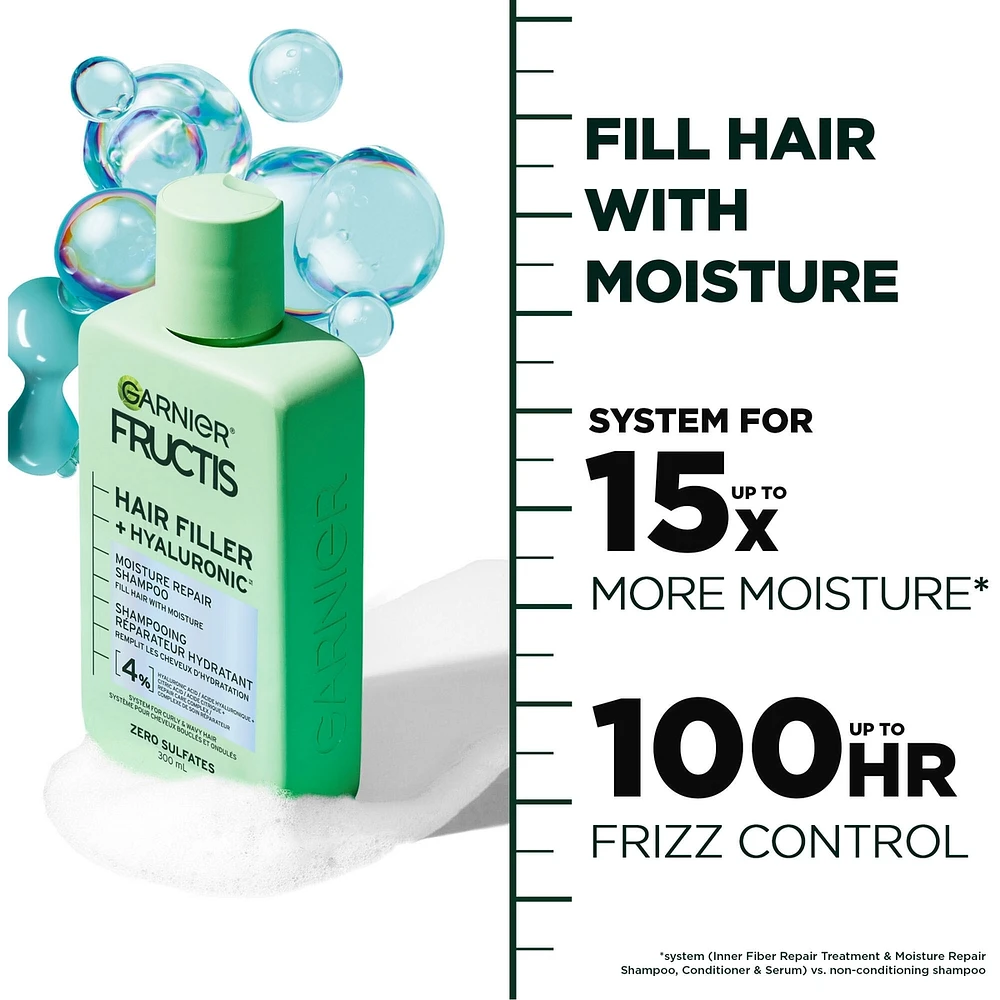 Fructis Hair Filler + Hyaluronic Acid Moisture Repair Sulfate-Free Shampoo, for Curly and Wavy Hair, up to 15X More Moisture & 100 Hours of Frizz Control