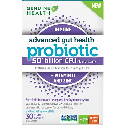 Advanced Gut Health Daily Probiotic Immune + Vitamin D and Zinc, 50 Billion CFU, 15 Diverse Strains, Vegan Delayed-release Capsules