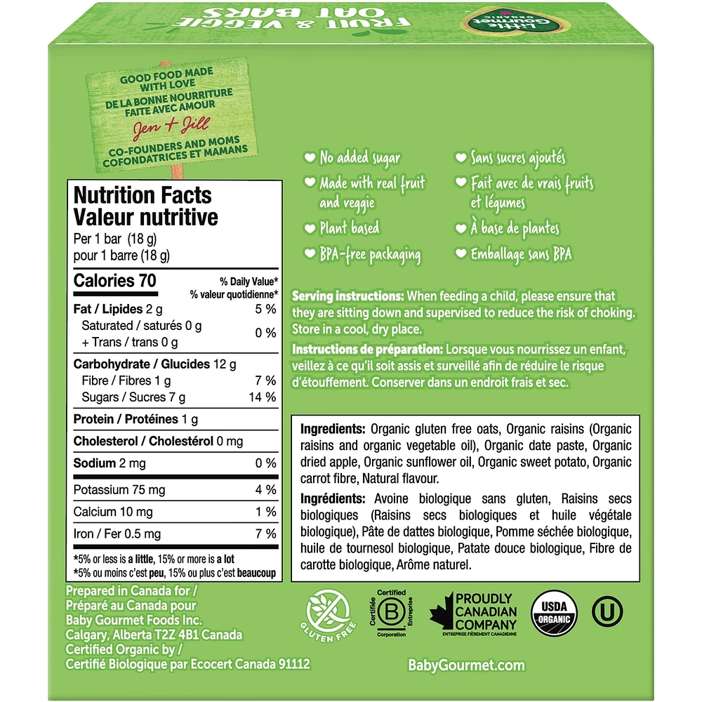 Little Gourmet Organic Fruit & Veggie Oat Bars Apple Sweet Potato Toddler Snack