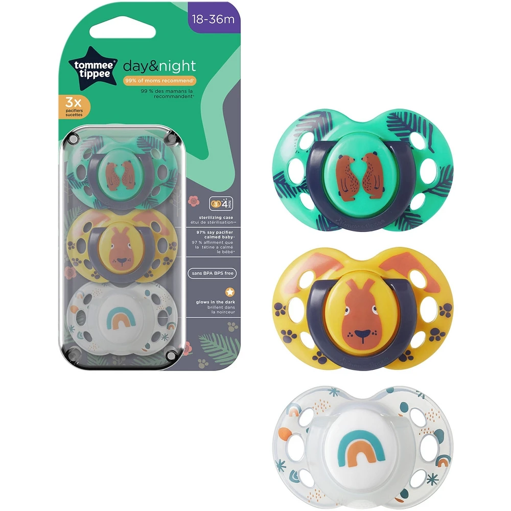 Fun Style Pacifier and Fun Style Night Glow in the Dark Pacifier, Symmetrical Design, BPA-Free, Includes Sterilizer Box, 18-36 months. Pack of 3 Pacifiers
