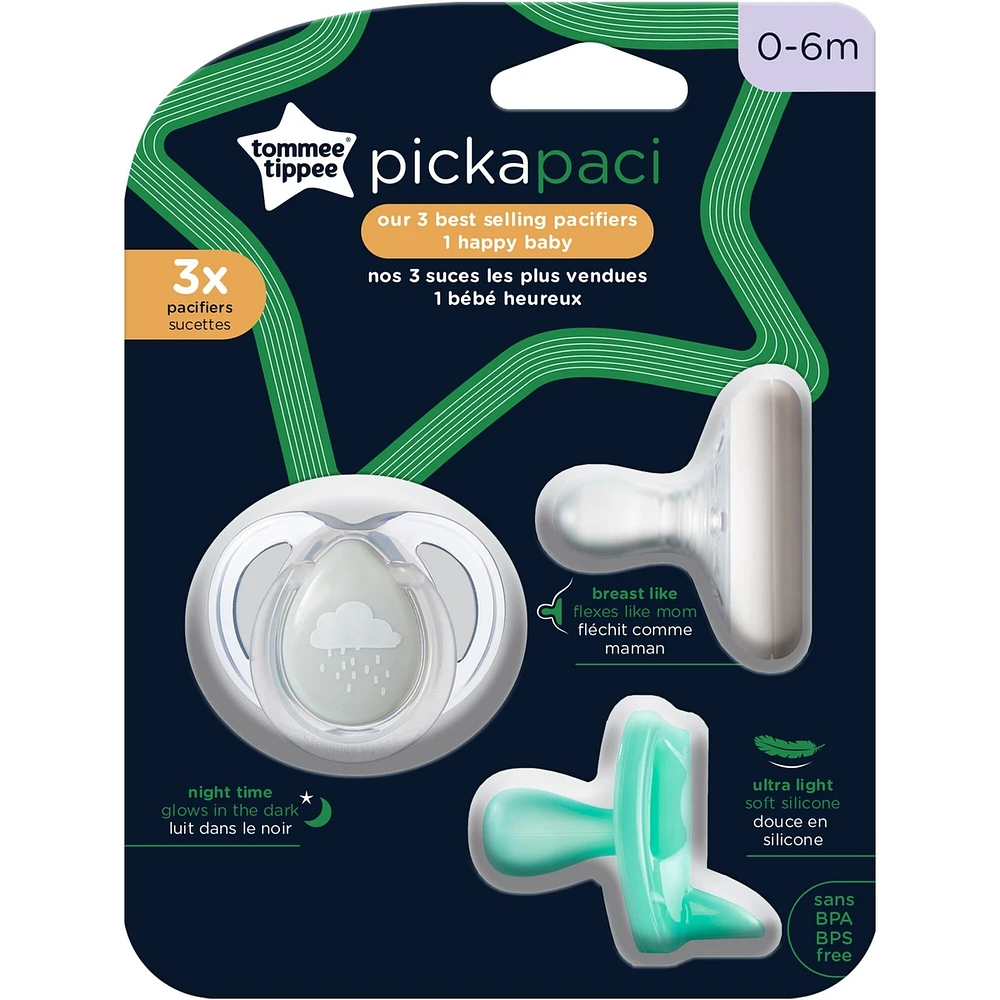 Pick-a-Paci Mixed Pacifier 3 Pack, Breast-like, Ultralight and Night-Time Glow in the Dark, 0-6m
