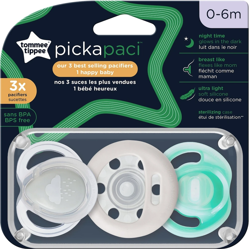Pickapaci, 0-6 months pacifier starter set including a breast-like pacifier, breast-like night pacifier and ultralight pacifier, set of 4