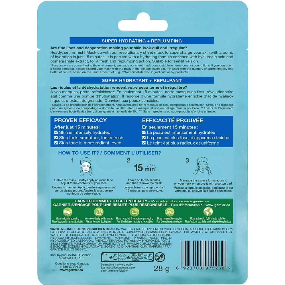 SkinActive Moisture Bomb Super Hydrating Replumping Sheet Mask with Hyaluronic Acid + Pomegranate