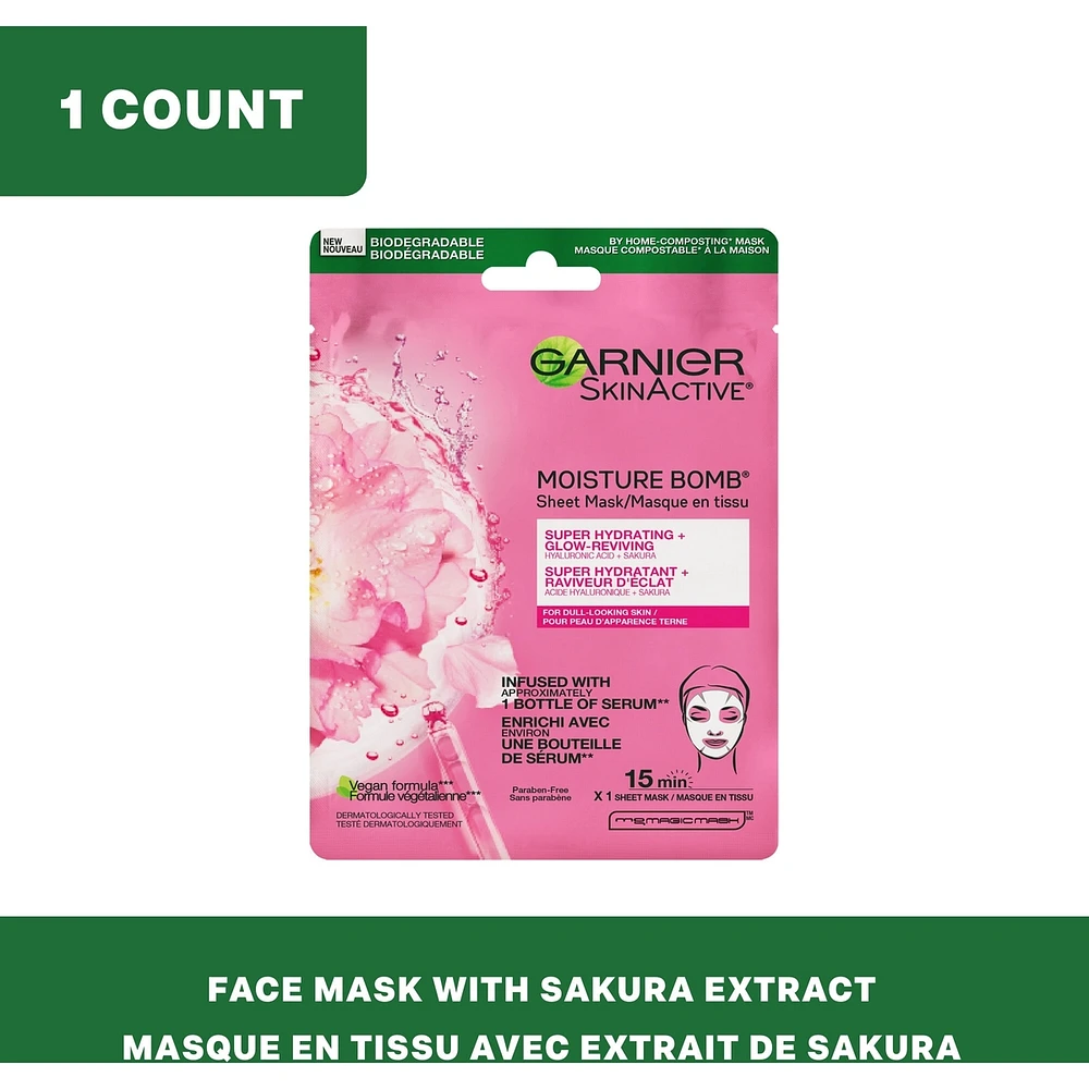 SkinActive Moisture Bomb Super Hydrating + Glow-Reviving Sheet Mask with Hyaluronic Acid + Sakura
