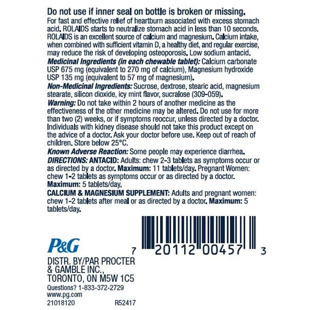 Rolaids Extra Strength Antacid, Mint Flavoured, 96ct, Fast Heartburn Relief