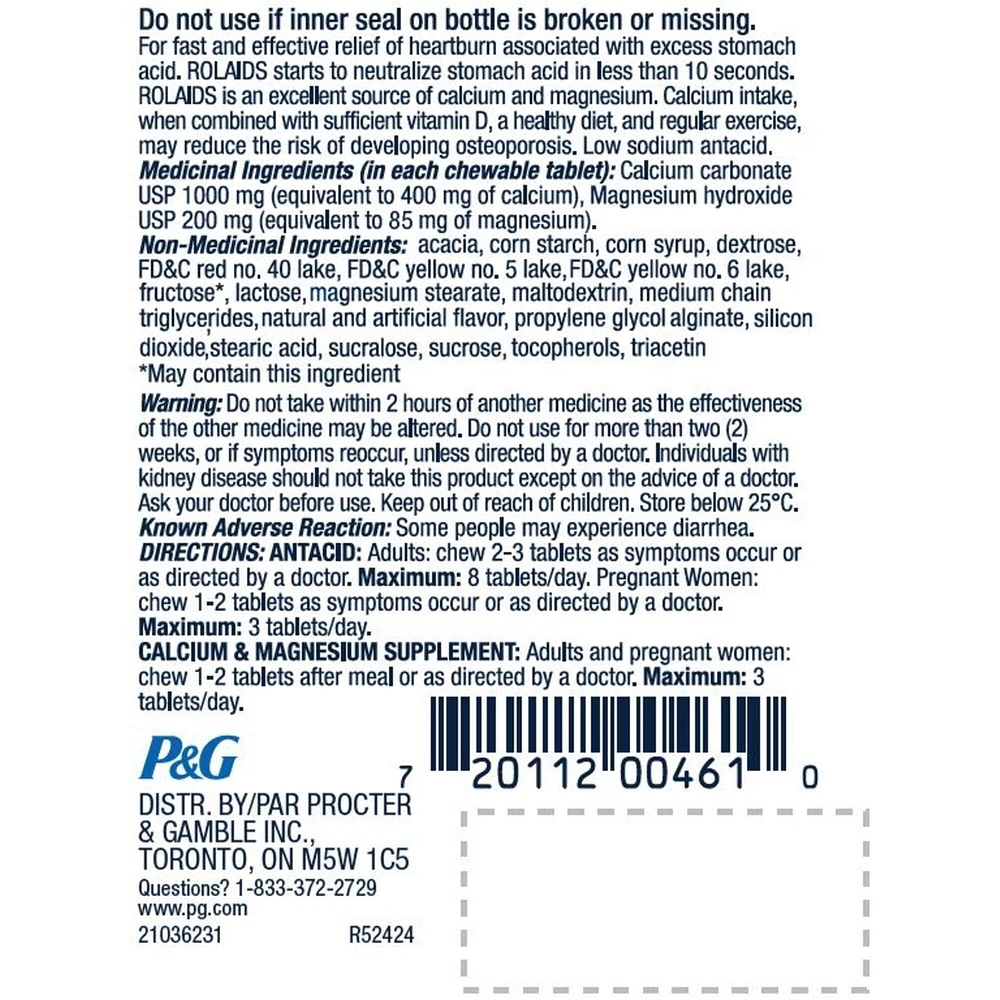 Rolaids Ultra Strength Antacid, Fruit Flavoured, 72ct, Fast Heartburn Relief