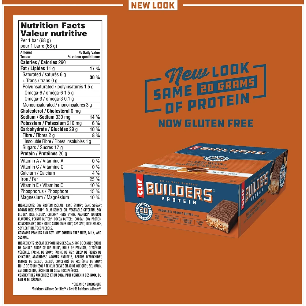 CLIF BUILDERS™  - Protein Bars - Chocolate Peanut Butter Flavour - (68 Gram Non-GMO Bars, 12 Count)
