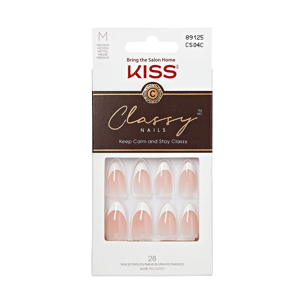 Kiss Classy Press-On Nails, The Boss, Glittery French, Medium Coffin, 31 Count