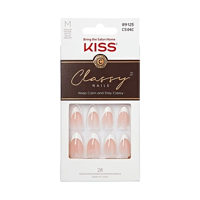 Kiss Classy Press-On Nails, The Boss, Glittery French, Medium Coffin, 31 Count