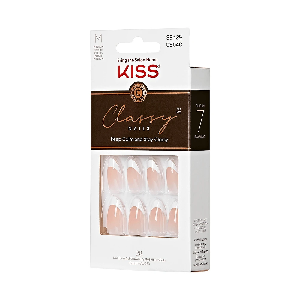 Kiss Classy Press-On Nails, The Boss, Glittery French, Medium Coffin, 31 Count
