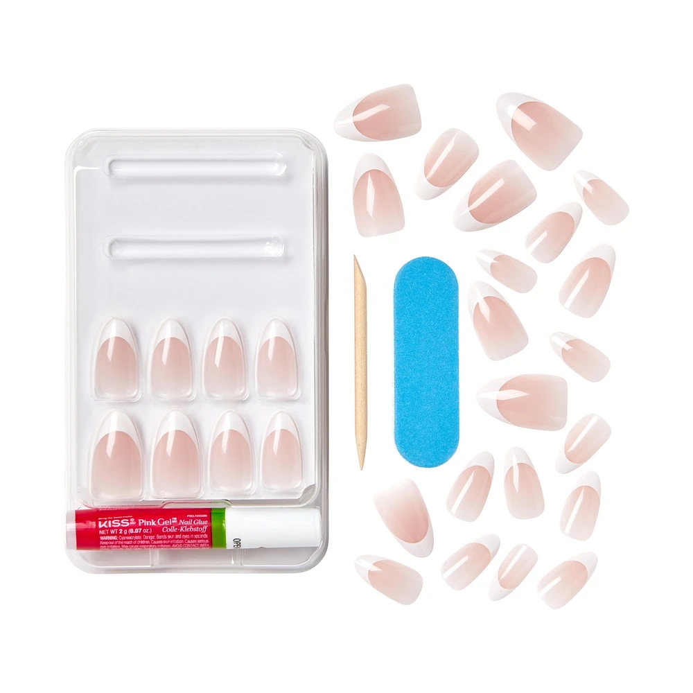 Kiss Classy Press-On Nails, The Boss, Glittery French, Medium Coffin, 31 Count