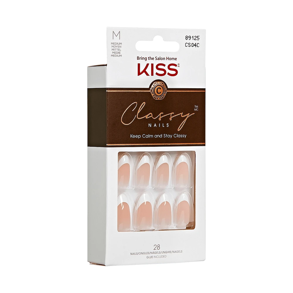 Kiss Classy Press-On Nails, The Boss, Glittery French, Medium Coffin, 31 Count