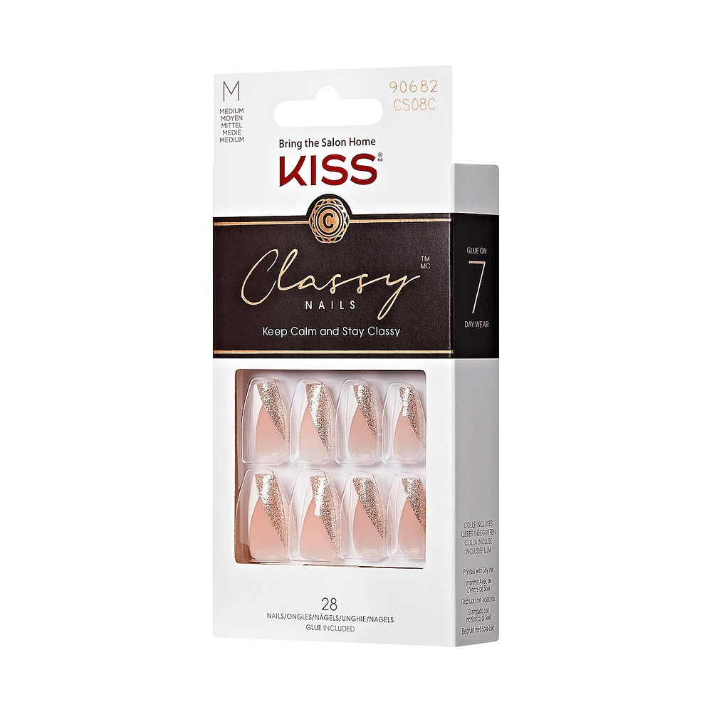 Kiss Classy Press-On Nails, The Boss, Glittery French, Medium Coffin, 31 Count