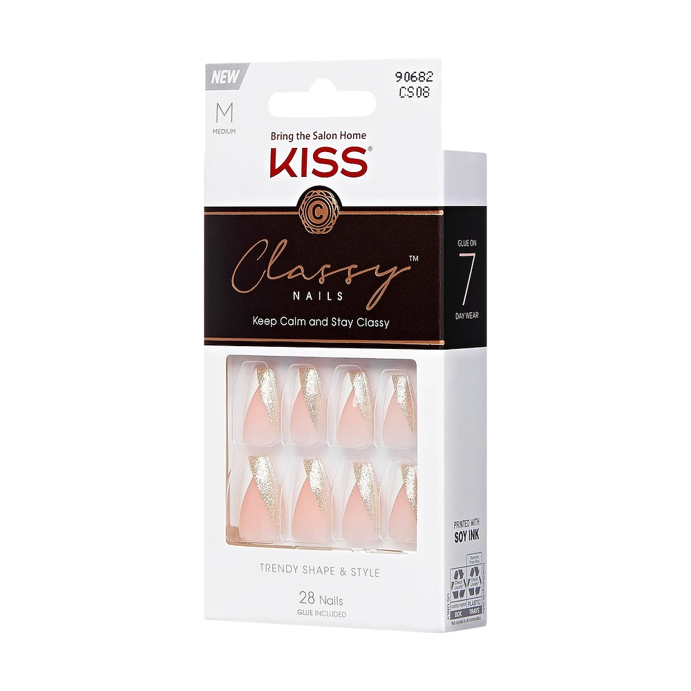 Kiss Classy Press-On Nails, The Boss, Glittery French, Medium Coffin, 31 Count