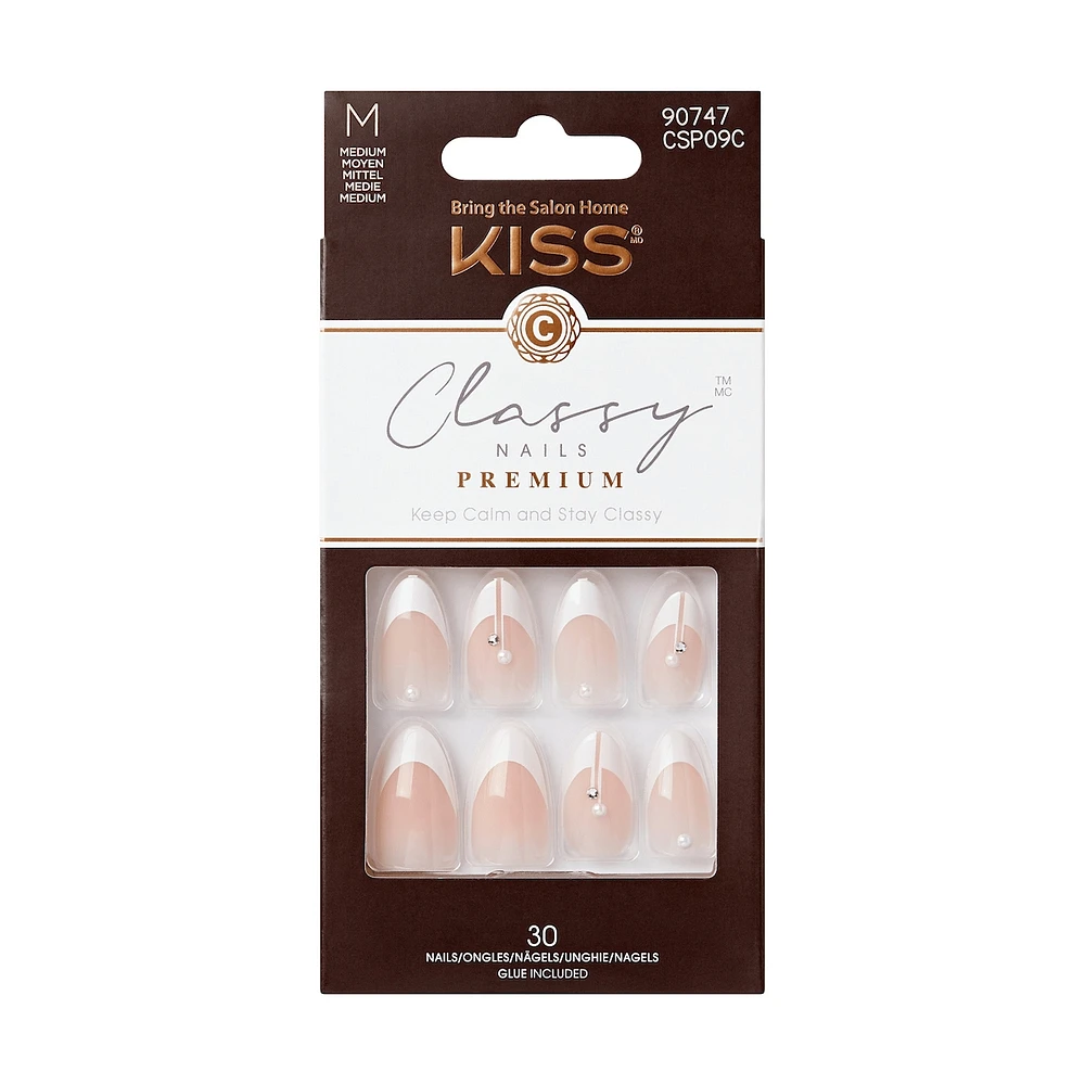 Kiss Premium Classy Press-On Nails, White Tipped French, Medium, Almond Shape, 33 Count
