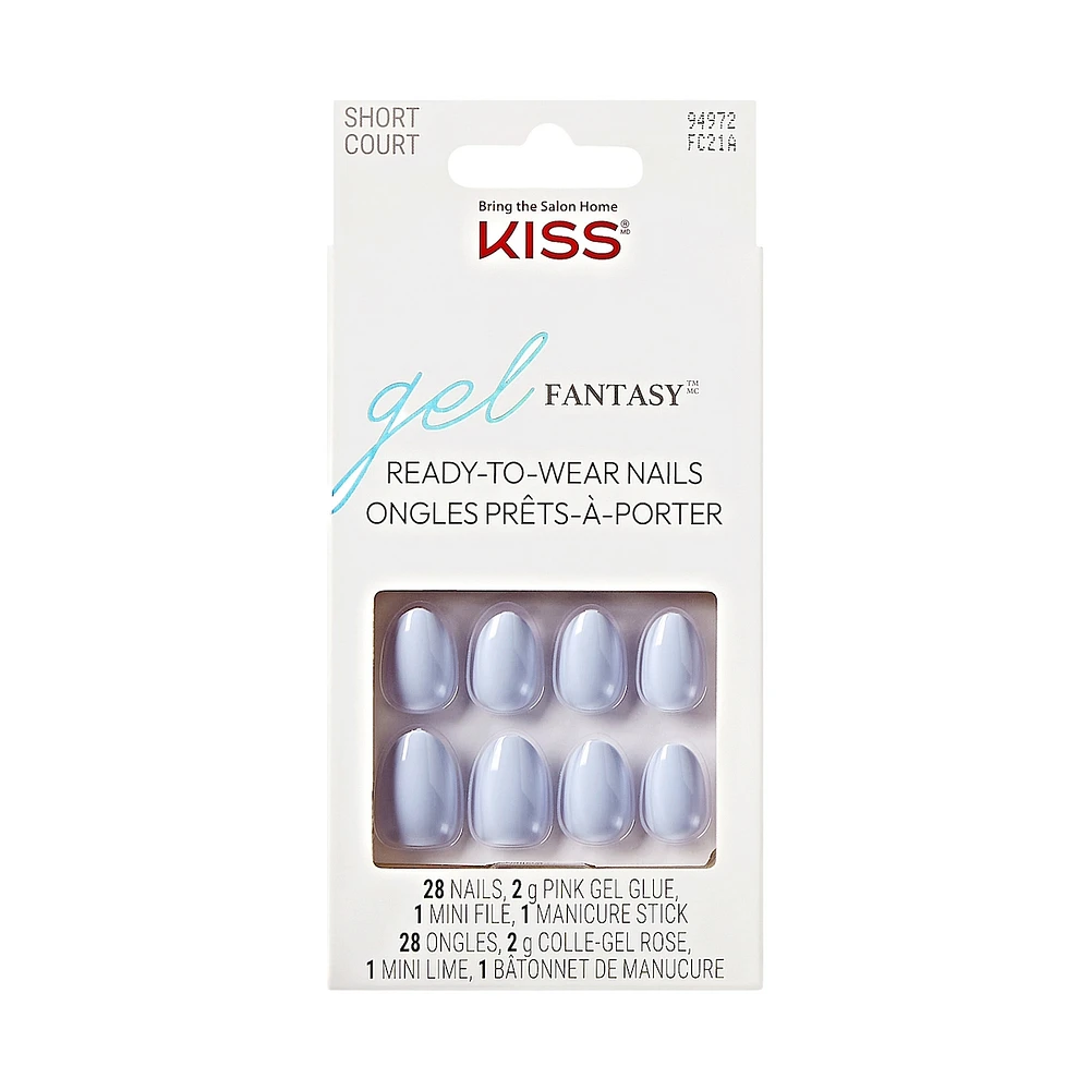 Kiss Gel Fantasy, Fake Nails, Day 1, Blue, Almond, Short, 28 Count