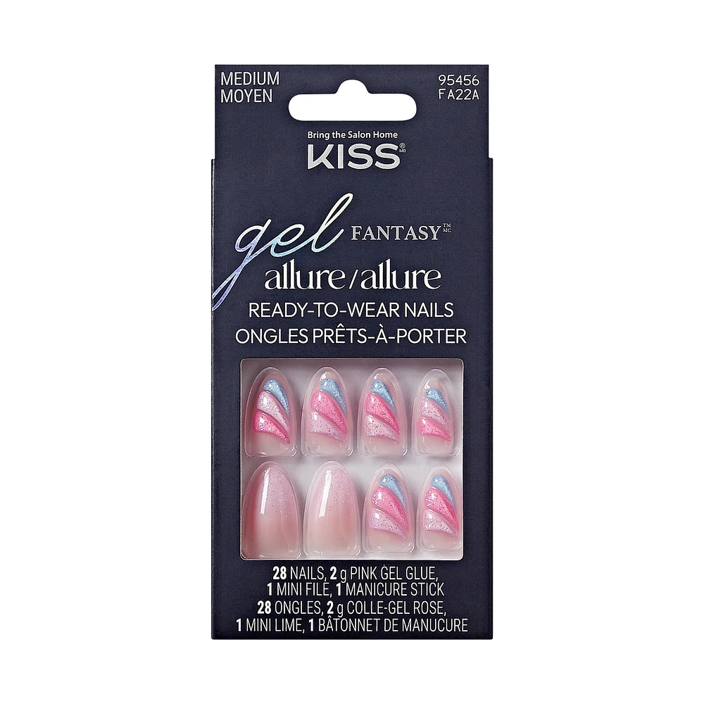 Kiss Gel Fantasy Allure, Fake Nails, Pink, Glide, Almond, Medium, 30 Count