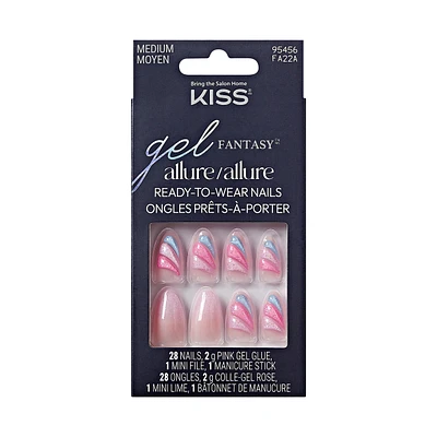 Kiss Gel Fantasy Allure, Fake Nails, Pink, Glide, Almond, Medium, 30 Count