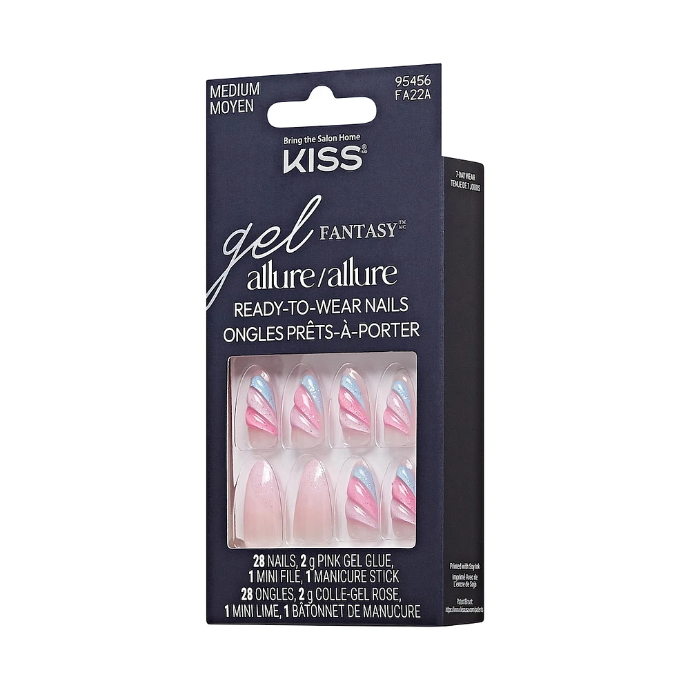 Kiss Gel Fantasy Allure, Fake Nails, Pink, Glide, Almond, Medium, 30 Count