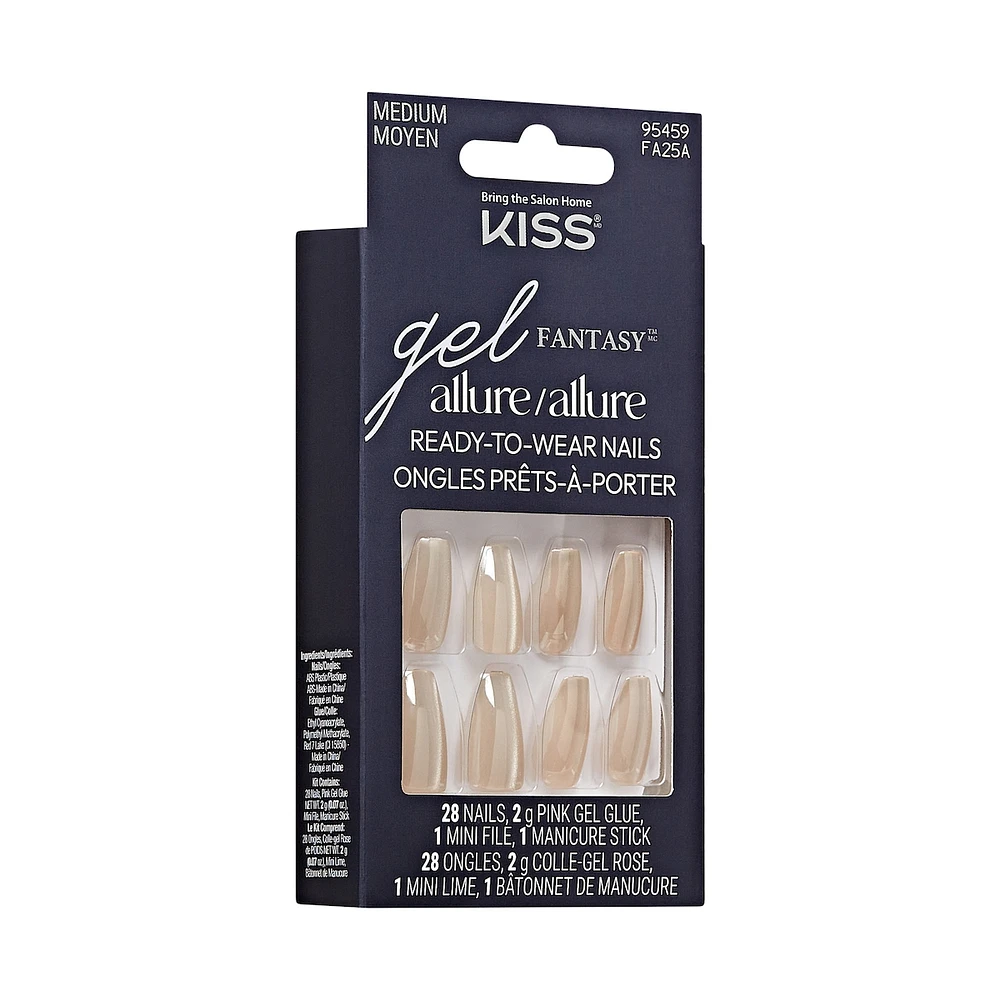 Kiss Gel Fantasy Allure, Fake Nails, Moon Beat, Beige, Coffin, Medium, 30 Count