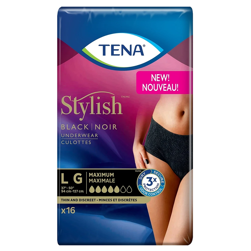 TENA Stylish Black Underwear Maximum Absorbency, Large, 16 Count