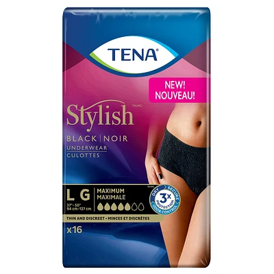 TENA Stylish Black Underwear Maximum Absorbency, Large, 16 Count