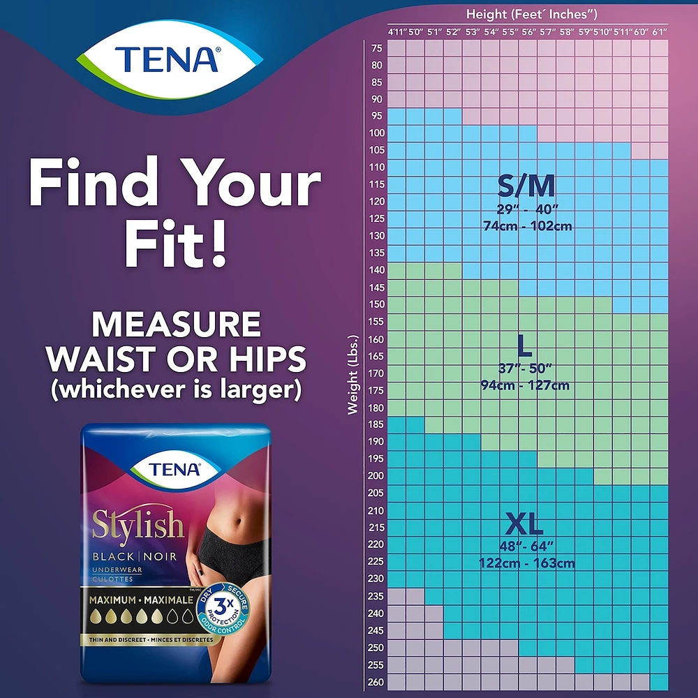 TENA Stylish Black Underwear Maximum Absorbency, Large, 16 Count