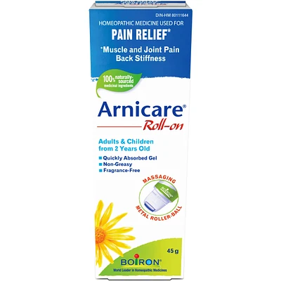Boiron Arnicare Roll-on used for pain relief, muscle and joint pain, back stiffness.