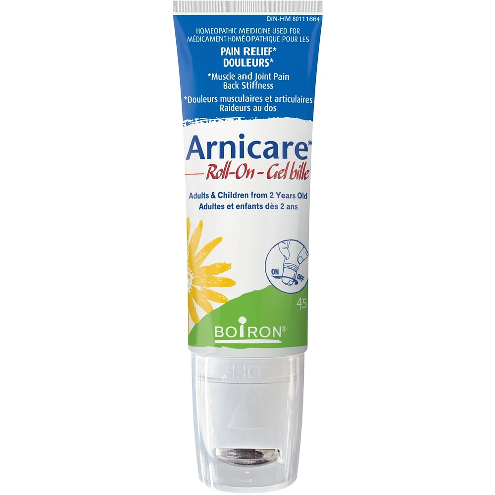 Boiron Arnicare Roll-on used for pain relief, muscle and joint pain, back stiffness.