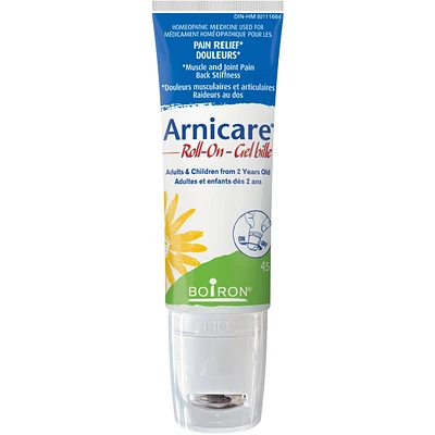 Boiron Arnicare Roll-on used for pain relief, muscle and joint pain, back stiffness.
