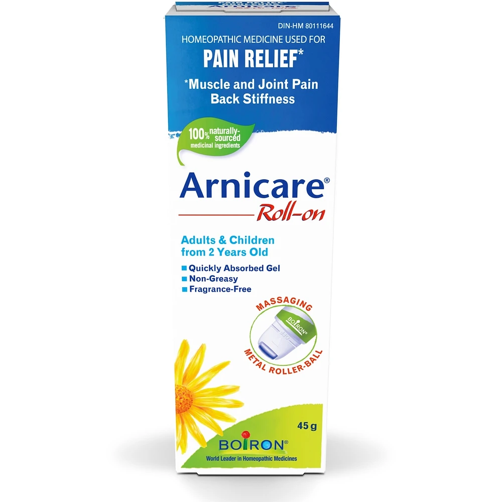 Boiron Arnicare Roll-on used for pain relief, muscle and joint pain, back stiffness.