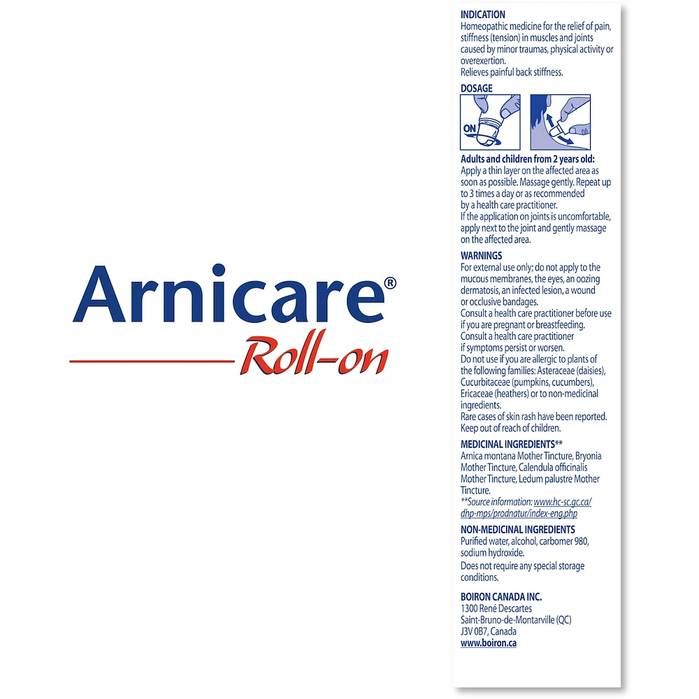 Boiron Arnicare Roll-on used for pain relief, muscle and joint pain, back stiffness.