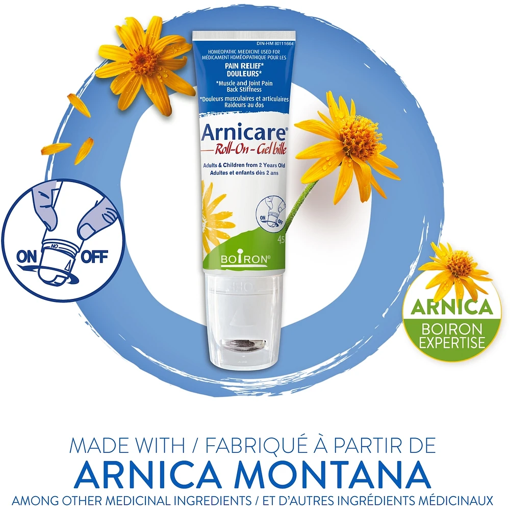 Boiron Arnicare Roll-on used for pain relief, muscle and joint pain, back stiffness.