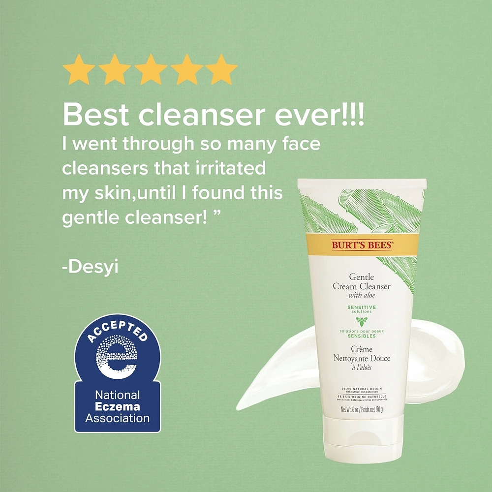 Sensitive Solutions Gentle Facial Cream Cleanser, Daily Face Wash for Sensitive Skin with Aloe, 98.9% Natural Origin, Developed with Dermatologists