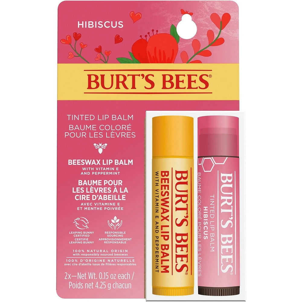 Original Beeswax Lip Balm and Hibiscus Tinted Lip Balm Gift Set, 100% Natural Origin