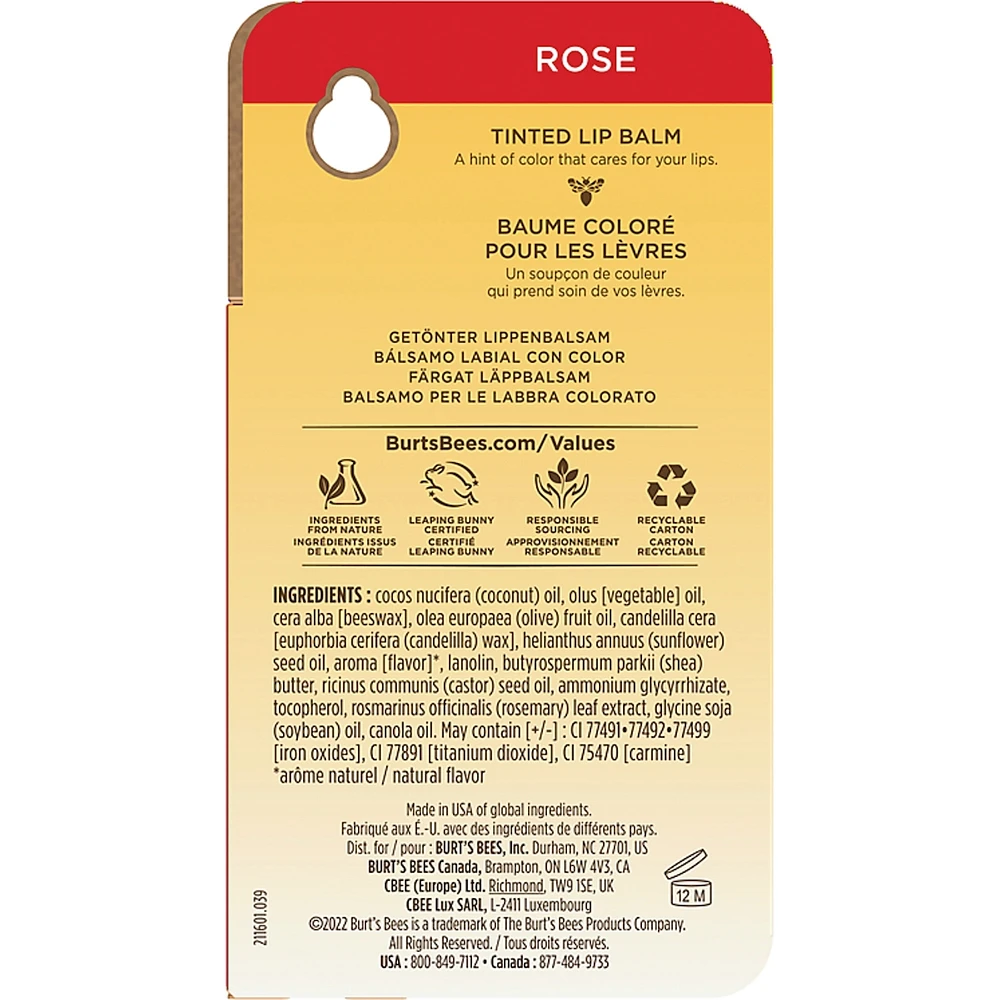 100% Natural Origin Tinted Lip Balm, Rose - 1 Tube