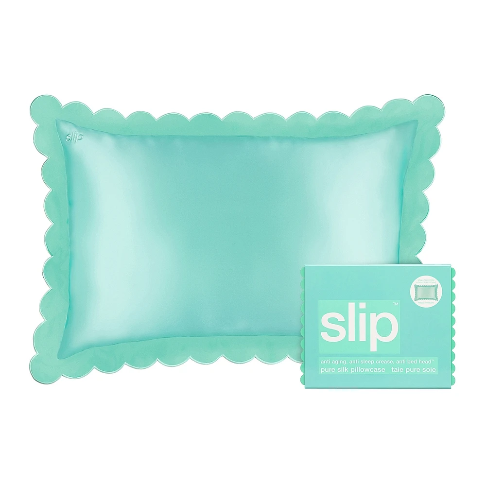slip pure silk queen pillowcase with scalloped edge - turquoise