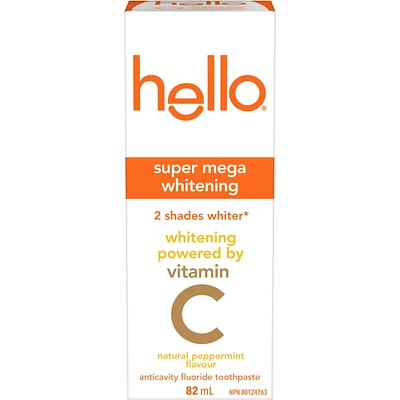 Hello Super Mega Whitening Toothpaste with Fluoride, Natural Peppermint Flavour, 82 mL Tube