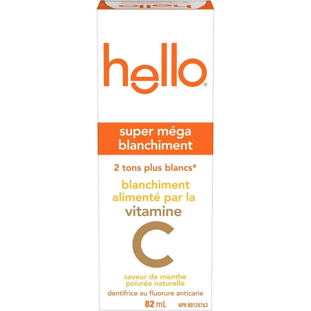 Hello Super Mega Whitening Toothpaste with Fluoride, Natural Peppermint Flavour, 82 mL Tube