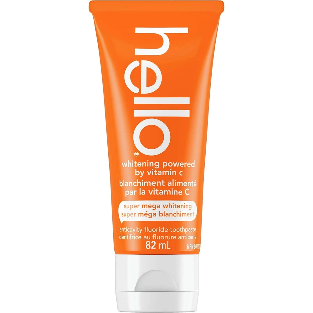 Hello Super Mega Whitening Toothpaste with Fluoride, Natural Peppermint Flavour, 82 mL Tube