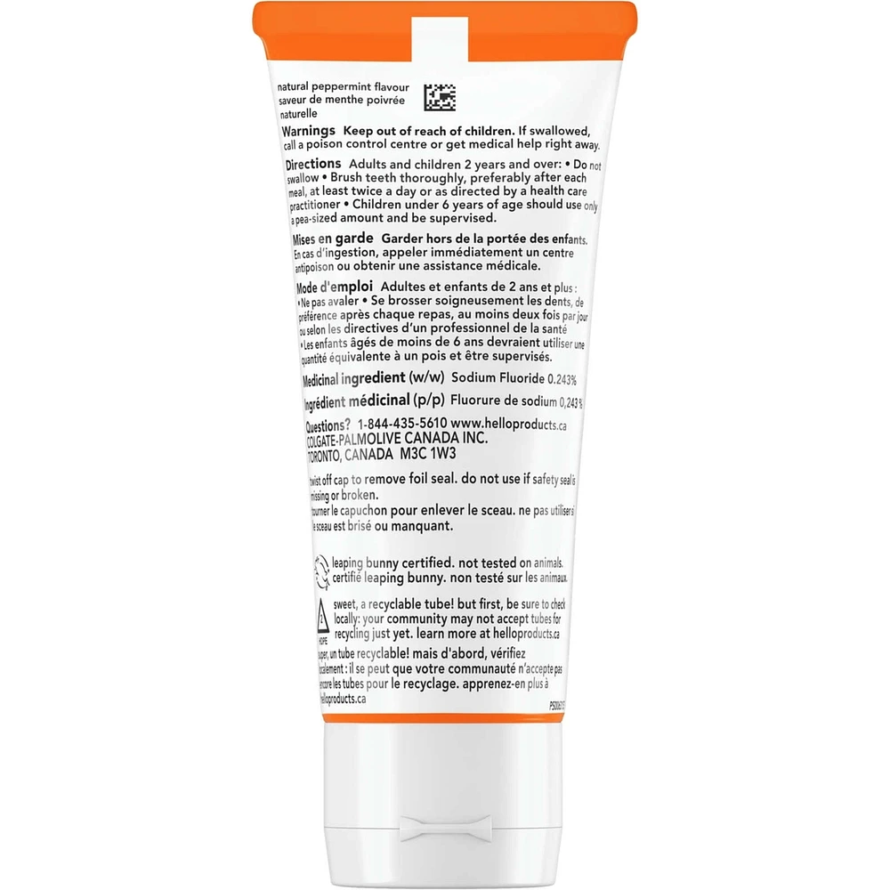 Hello Super Mega Whitening Toothpaste with Fluoride, Natural Peppermint Flavour, 82 mL Tube