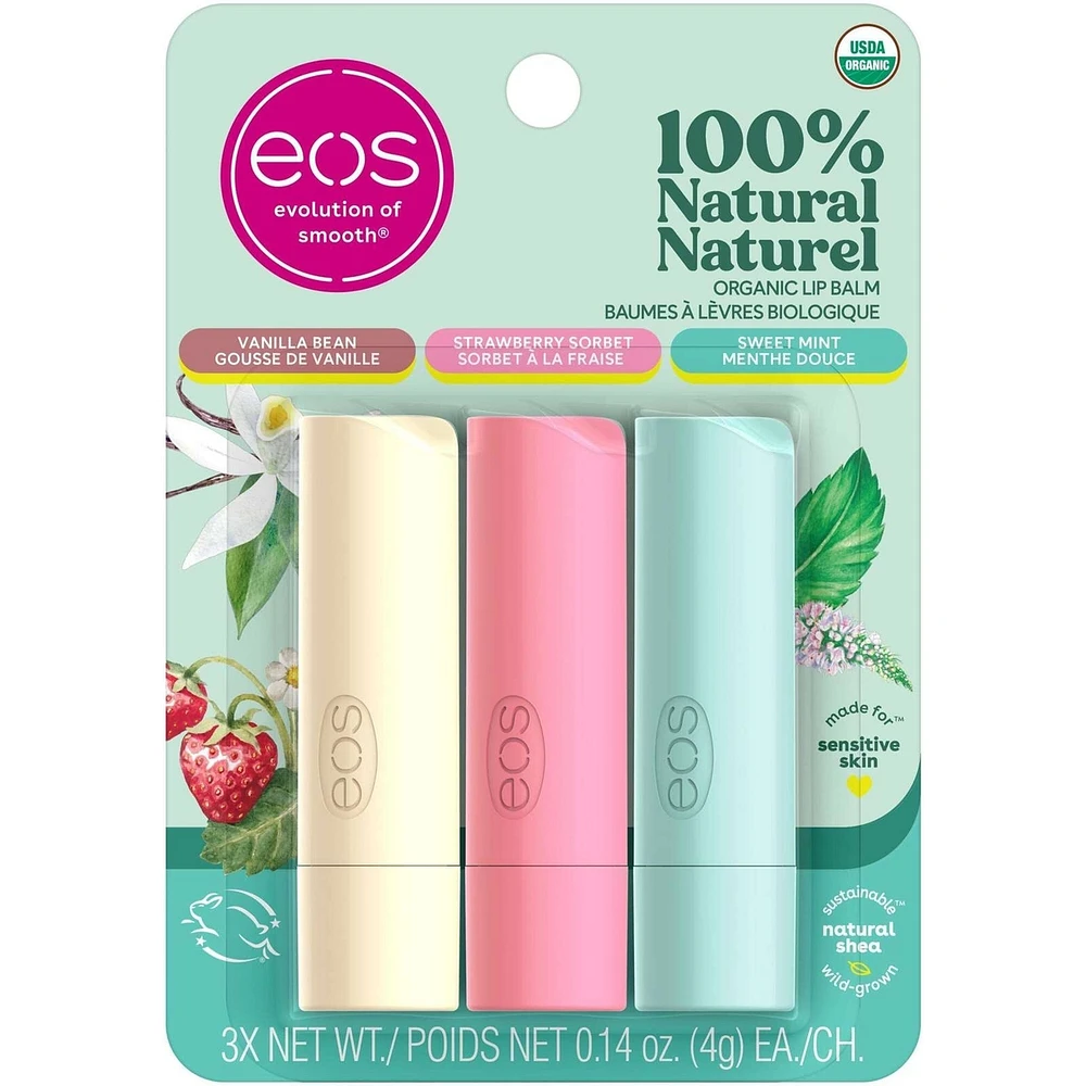 100% Natural & Organic Lip Balm 3pk Sticks -sweet mint, strawberry sorbet and vanilla bean