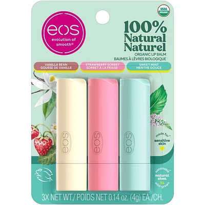 100% Natural & Organic Lip Balm 3pk Sticks -sweet mint,  strawberry sorbet and vanilla bean