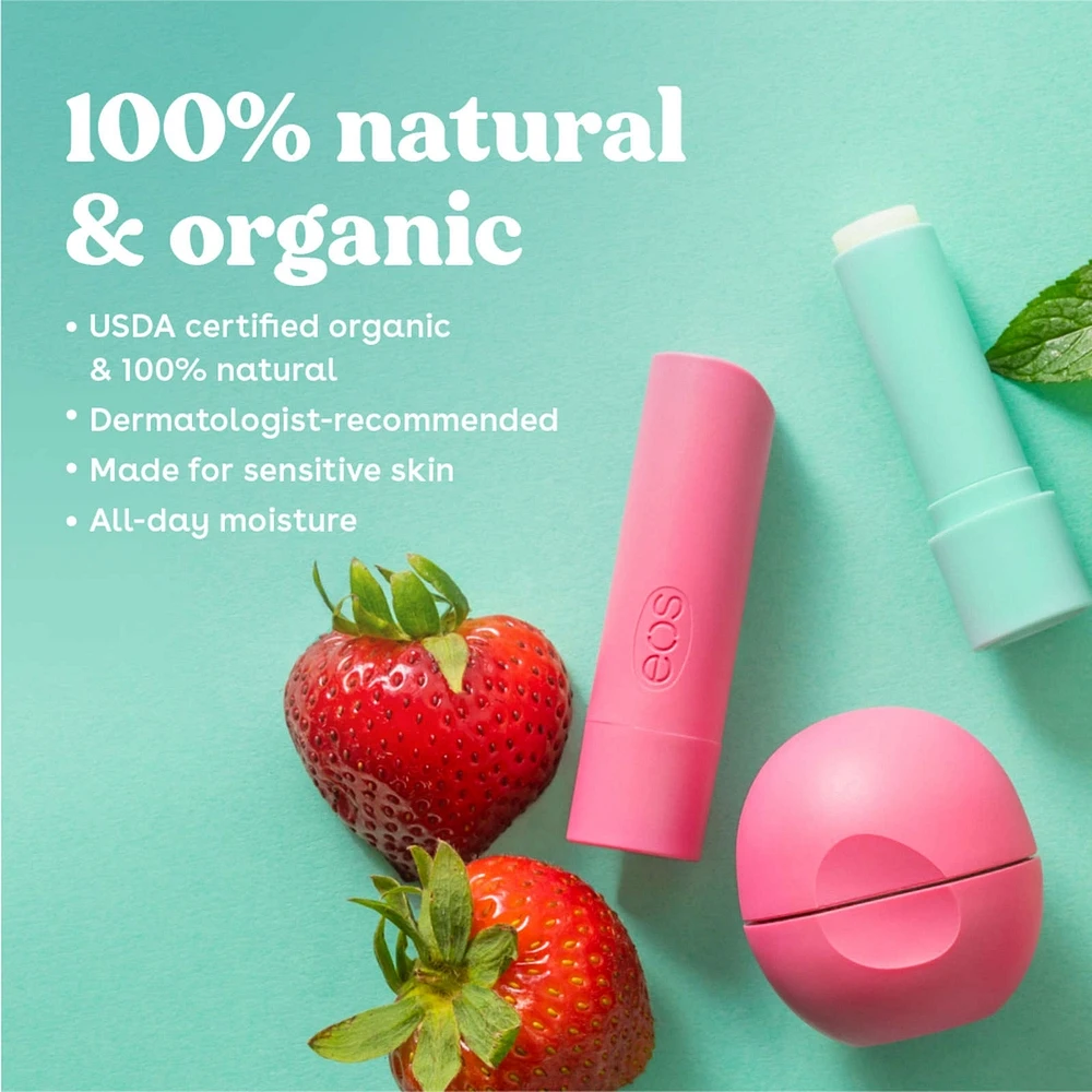 100% Natural & Organic Lip Balm 3pk Sticks -sweet mint,  strawberry sorbet and vanilla bean