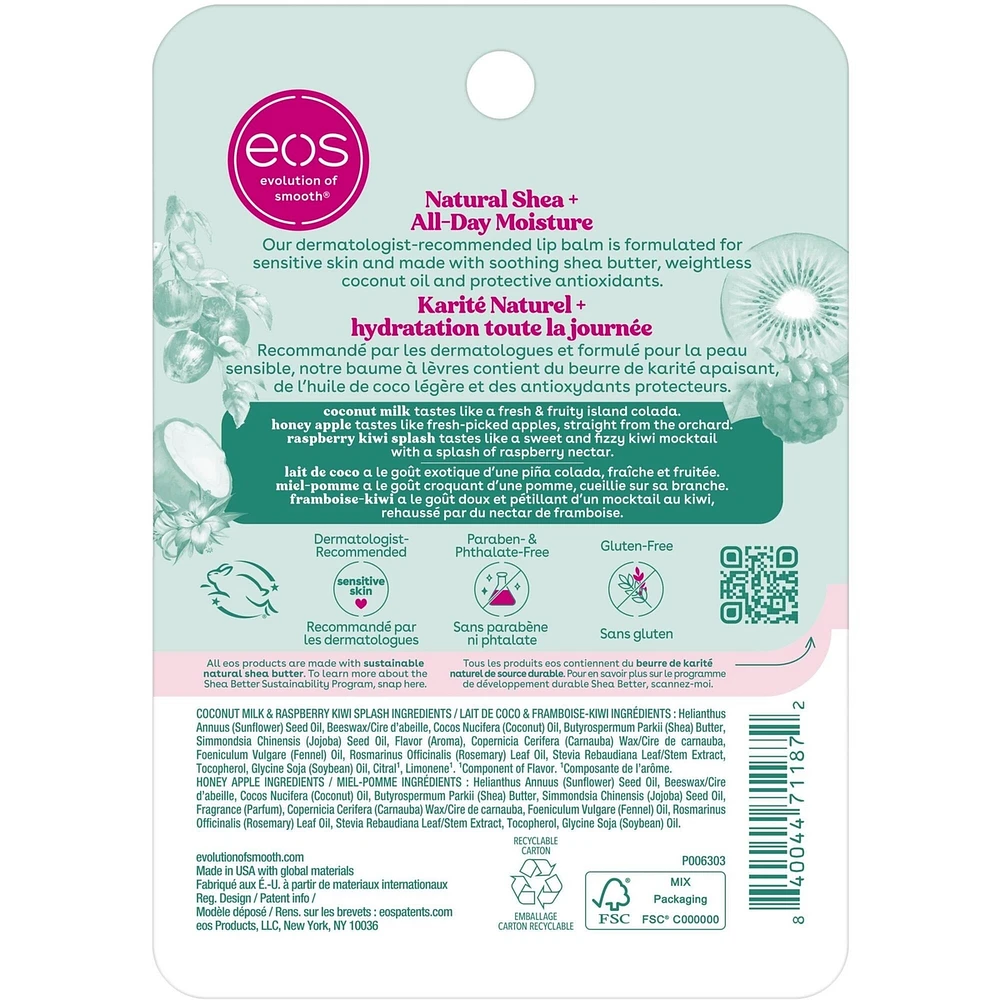 Natural Smooth Lip Balm, Coconut Milk, Honey Apple, Raspberry Kiwi Splash